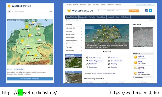 Mobile SEO - Mobile Subdomain bei wetterdienst.de